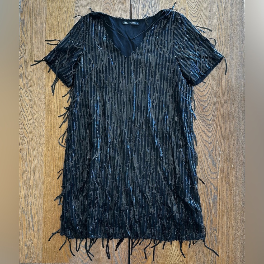 ZARA Dress Limited Edition Size XS Sequin Fringed Black Whimisgoth Witchy Grunge - Picture 2 of 12